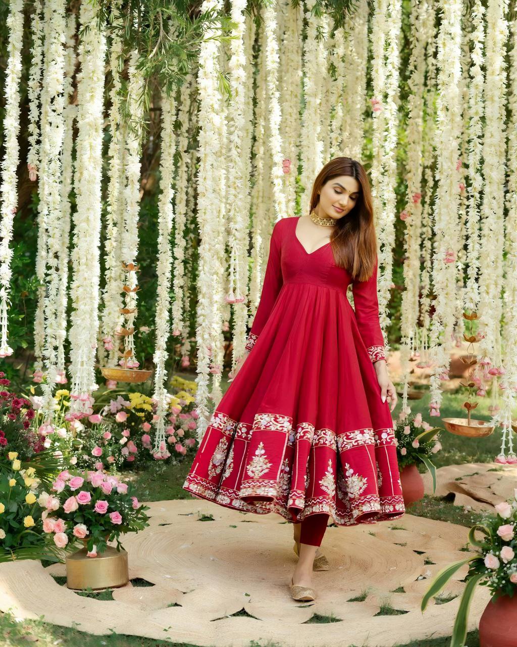 Red Designer Roman Silk Anarkali Suit Set with Heavy Multi Embroidery & Sequin Work