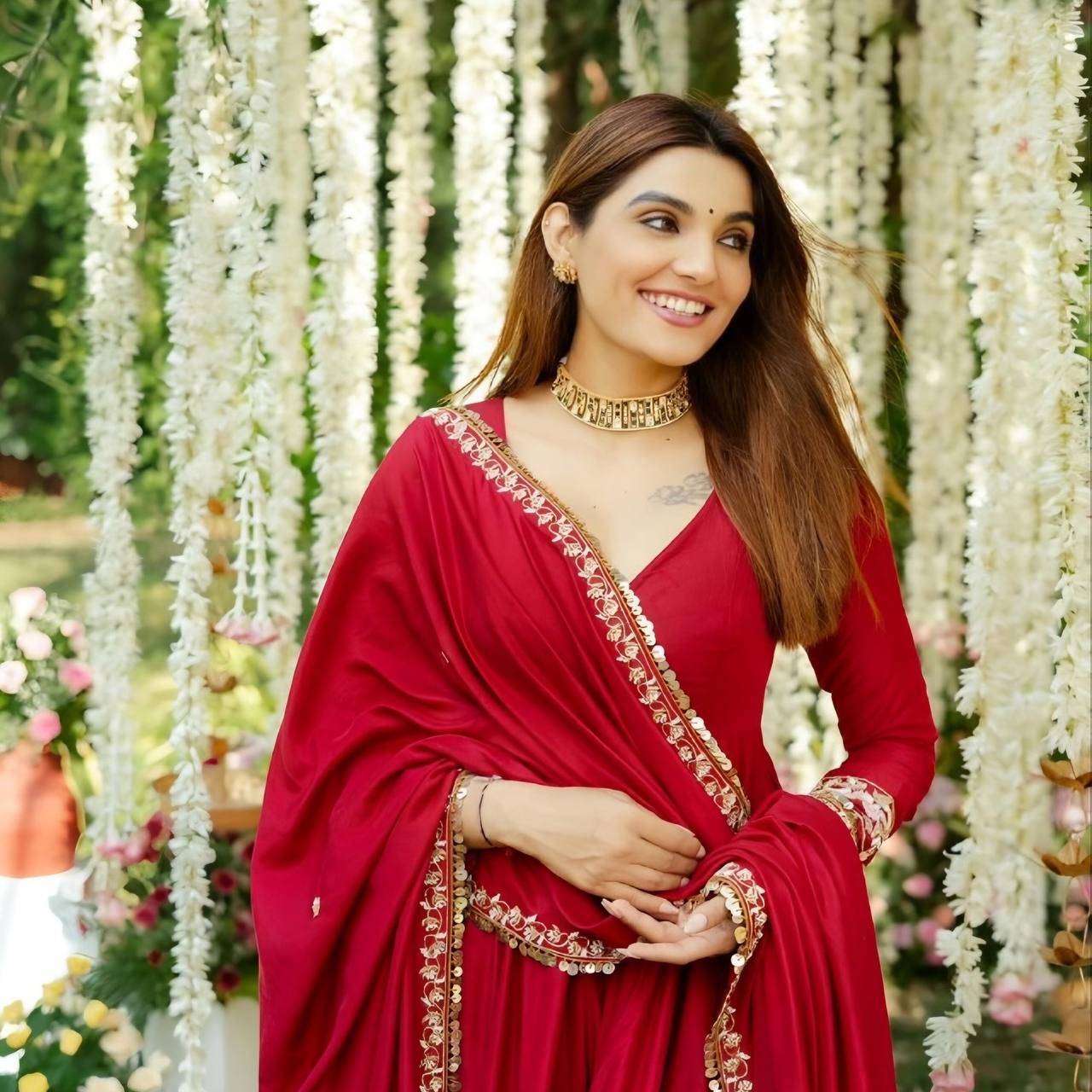 Red Designer Roman Silk Anarkali Suit Set with Heavy Multi Embroidery & Sequin Work
