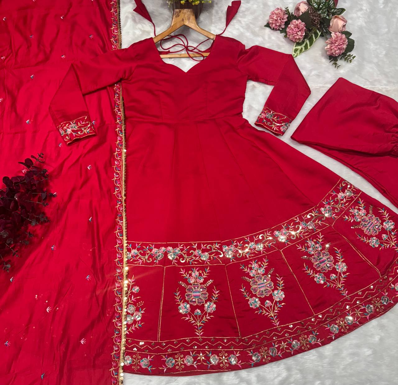 Red Designer Roman Silk Anarkali Suit Set with Heavy Multi Embroidery & Sequin Work