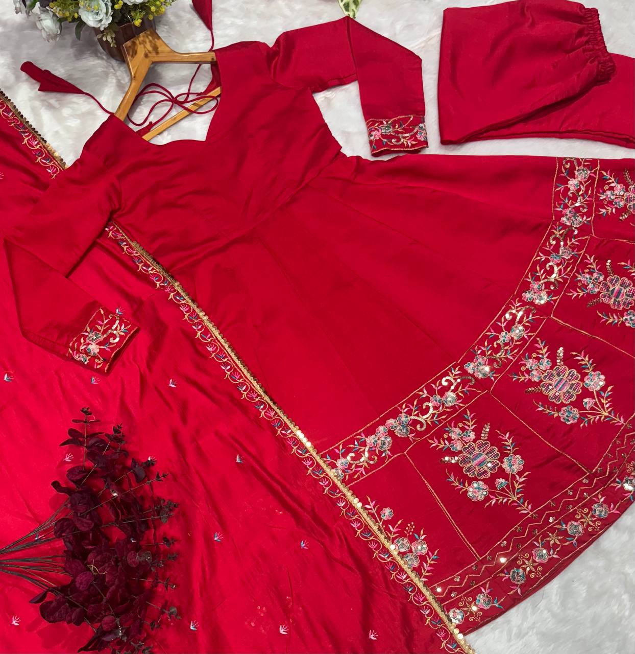 Red Designer Roman Silk Anarkali Suit Set with Heavy Multi Embroidery & Sequin Work