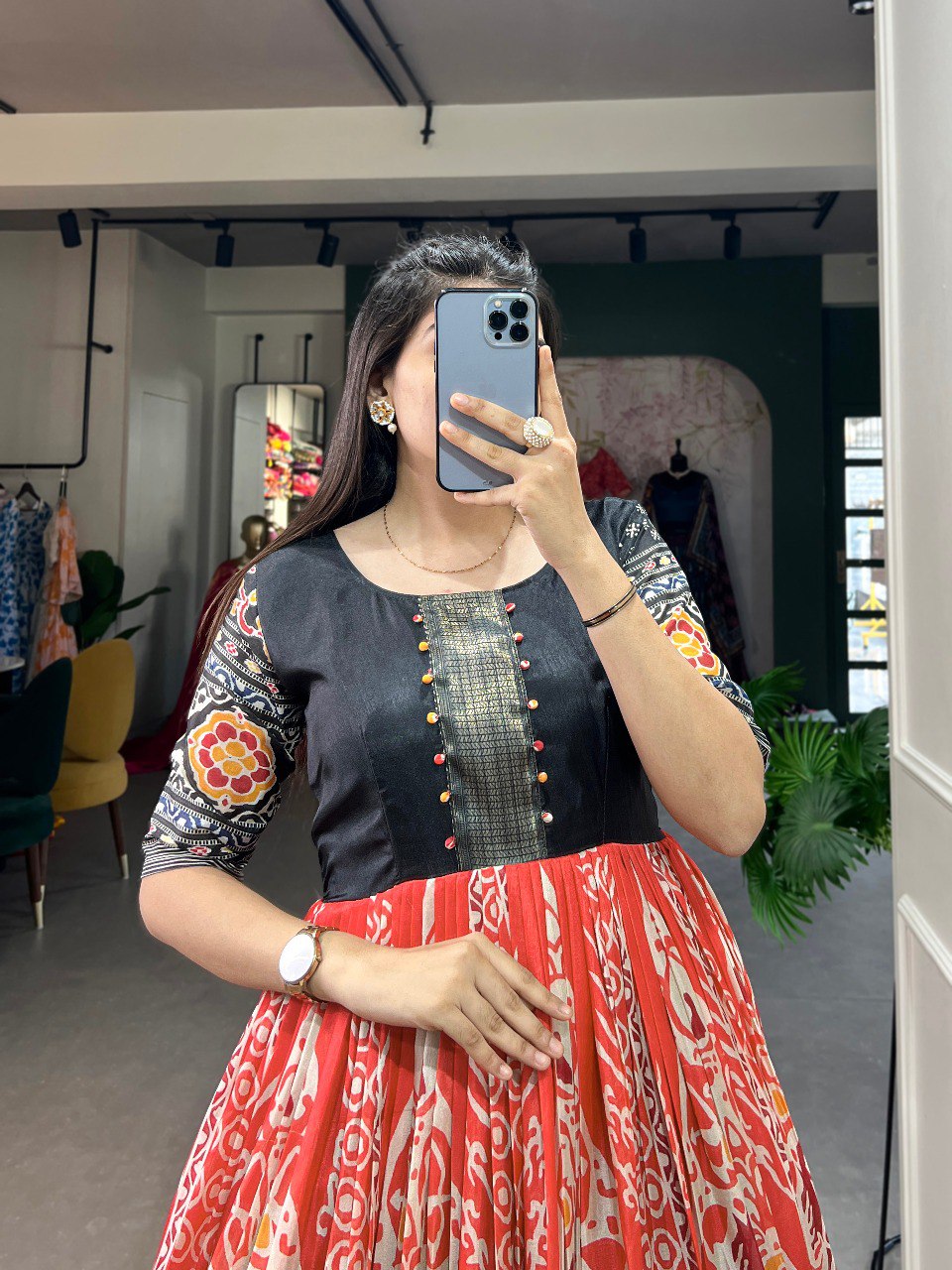 Red Dola Silk Printed Gown with Zari Border