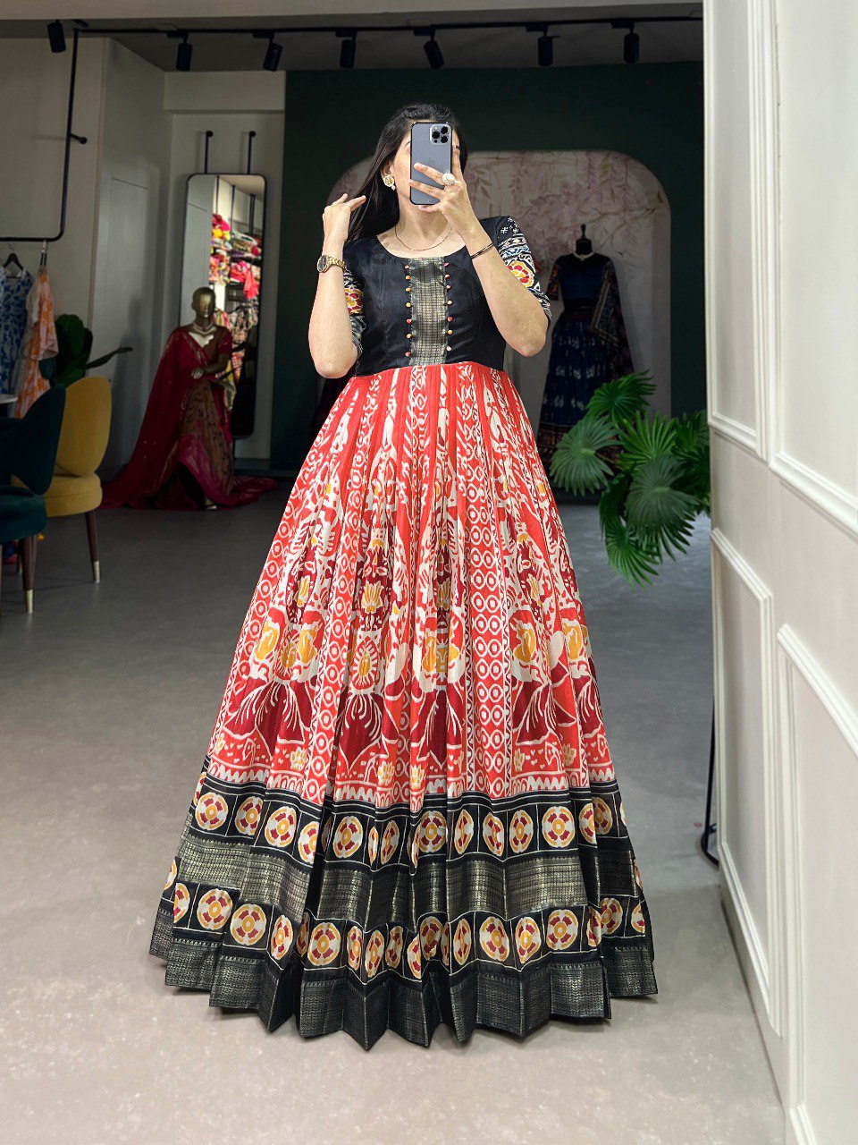 Red Dola Silk Printed Gown with Zari Border