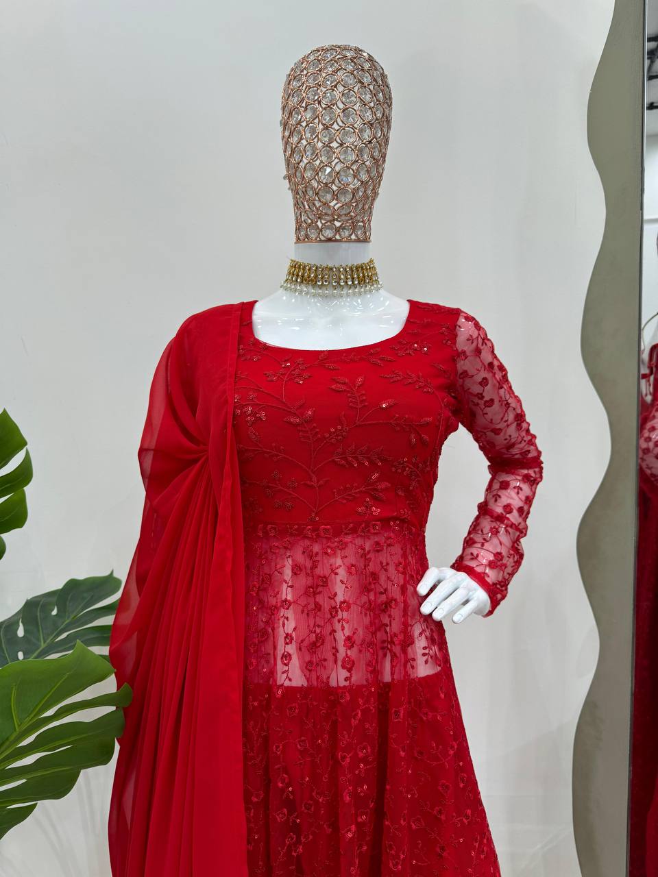Red Elegant Butterfly Net Embroidered Suit with Micro Pant & Faux Georgette Dupatta