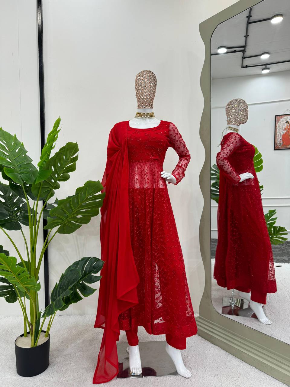 Red Elegant Butterfly Net Embroidered Suit with Micro Pant & Faux Georgette Dupatta