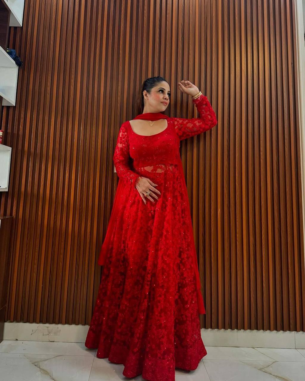 Red Elegant Butterfly Net Embroidered Suit with Micro Pant & Faux Georgette Dupatta