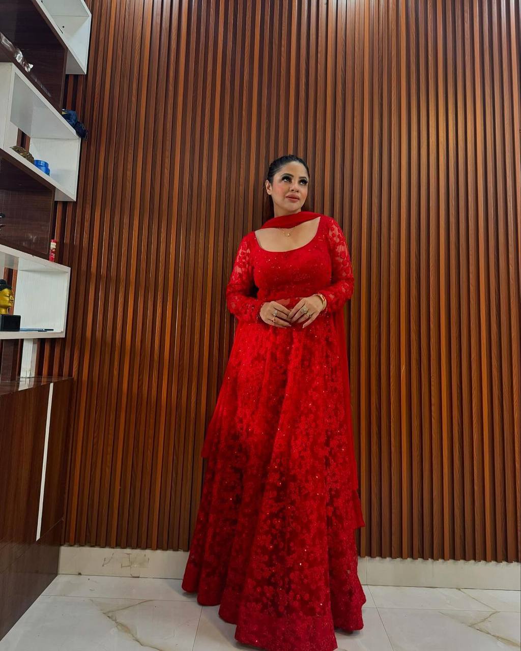 Red Elegant Butterfly Net Embroidered Suit with Micro Pant & Faux Georgette Dupatta