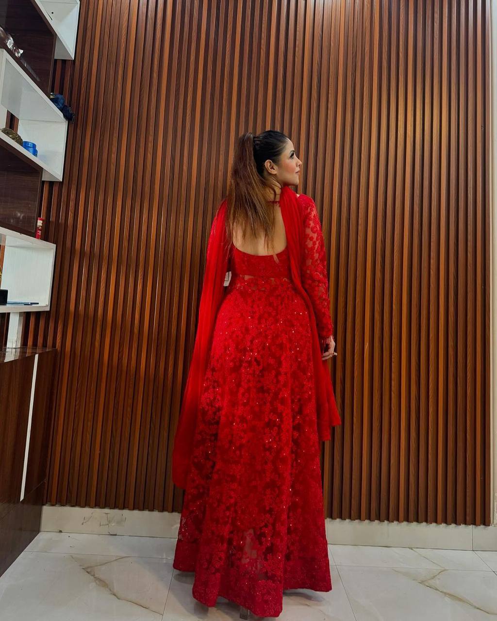 Red Elegant Butterfly Net Embroidered Suit with Micro Pant & Faux Georgette Dupatta