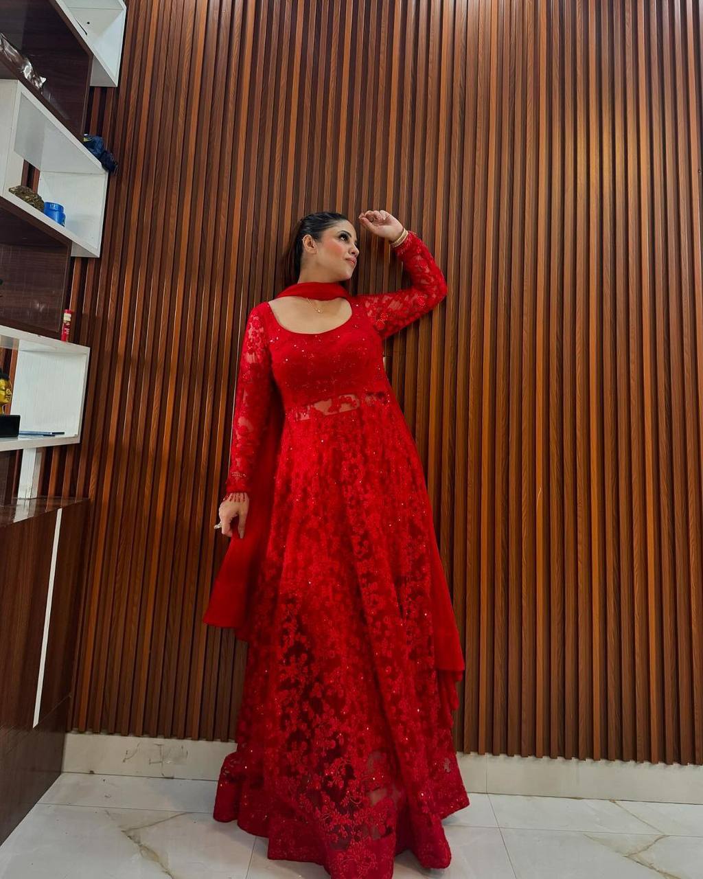 Red Elegant Butterfly Net Embroidered Suit with Micro Pant & Faux Georgette Dupatta