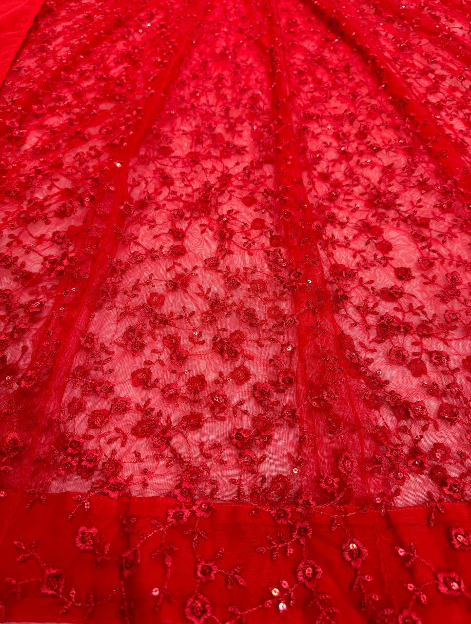 Red Elegant Butterfly Net Embroidered Suit with Micro Pant & Faux Georgette Dupatta