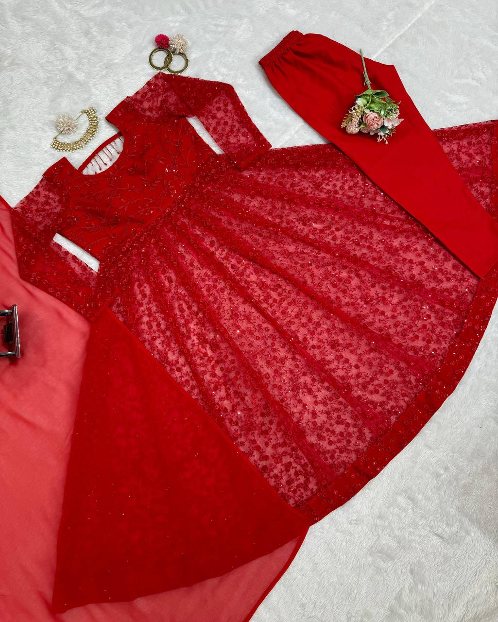 Red Elegant Butterfly Net Embroidered Suit with Micro Pant & Faux Georgette Dupatta