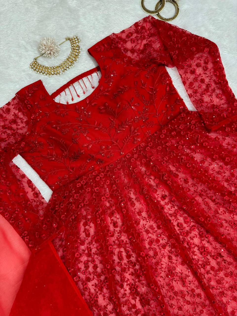 Red Elegant Butterfly Net Embroidered Suit with Micro Pant & Faux Georgette Dupatta