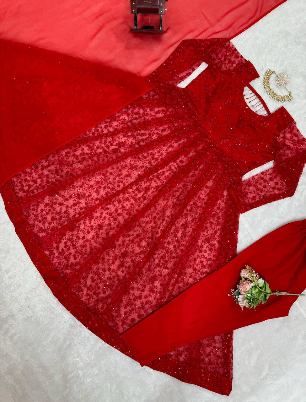 Red Elegant Butterfly Net Embroidered Suit with Micro Pant & Faux Georgette Dupatta