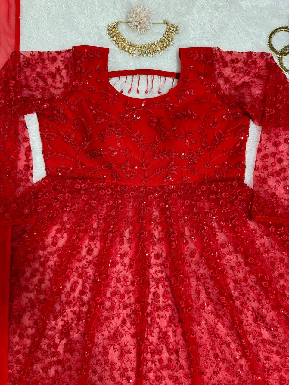 Red Elegant Butterfly Net Embroidered Suit with Micro Pant & Faux Georgette Dupatta