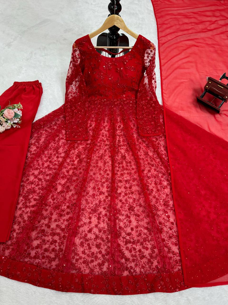 Red Elegant Butterfly Net Embroidered Suit with Micro Pant & Faux Georgette Dupatta