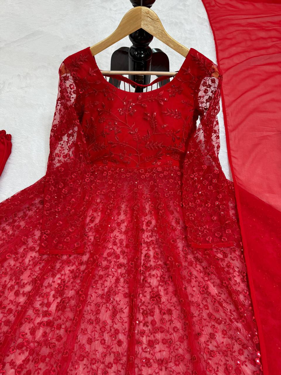 Red Elegant Butterfly Net Embroidered Suit with Micro Pant & Faux Georgette Dupatta