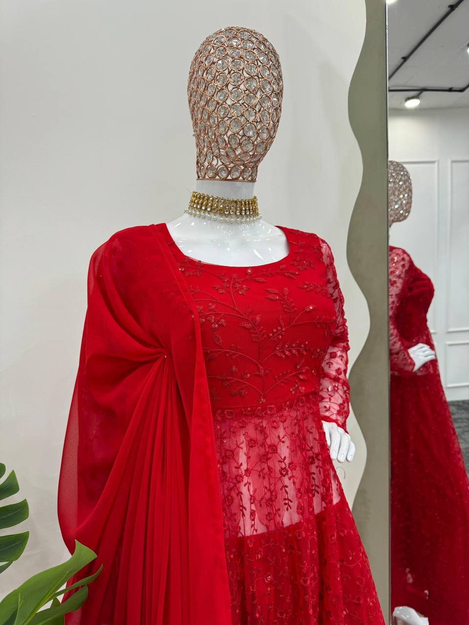 Red Elegant Butterfly Net Embroidered Suit with Micro Pant & Faux Georgette Dupatta