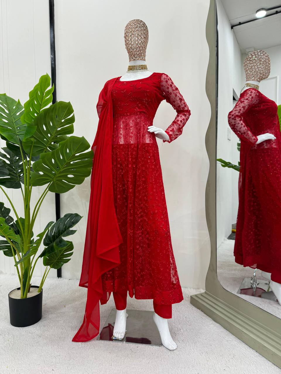 Red Elegant Butterfly Net Embroidered Suit with Micro Pant & Faux Georgette Dupatta