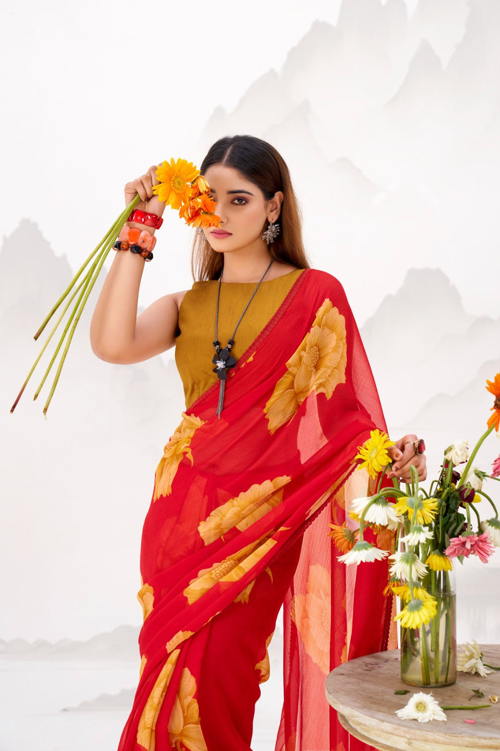 Red Elegant Chiffon Saree with Floral Print & Lace Border – Unstitched Banglory Blouse