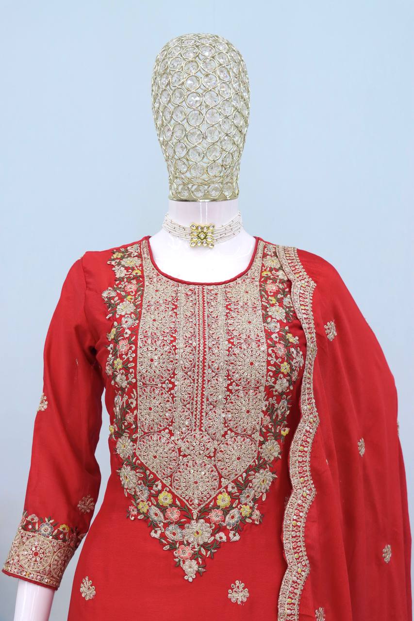 Red Elegant Chinon Embroidered Suit Set with Dupatta – Fully Stitched
