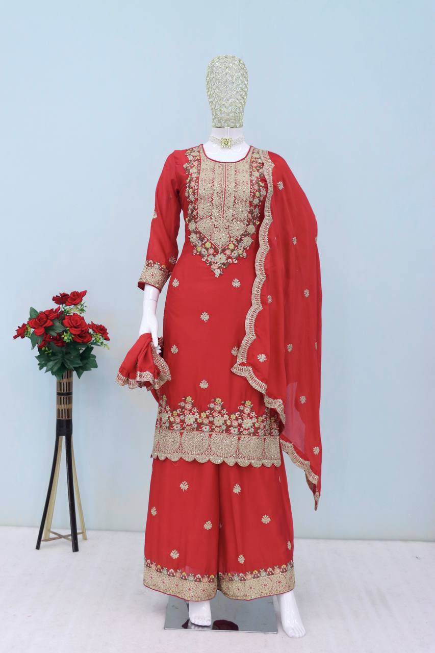 Red Elegant Chinon Embroidered Suit Set with Dupatta – Fully Stitched