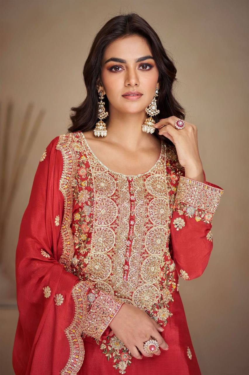 Red Elegant Chinon Embroidered Suit Set with Dupatta – Fully Stitched