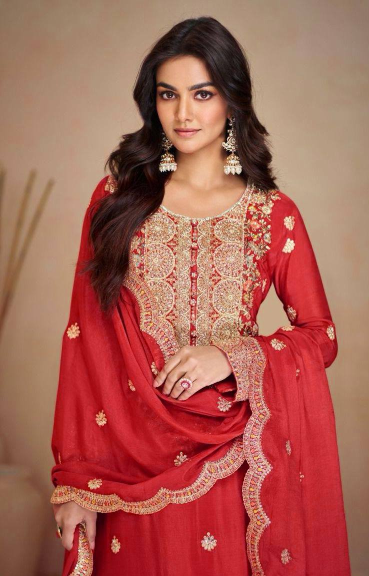 Red Elegant Chinon Embroidered Suit Set with Dupatta – Fully Stitched