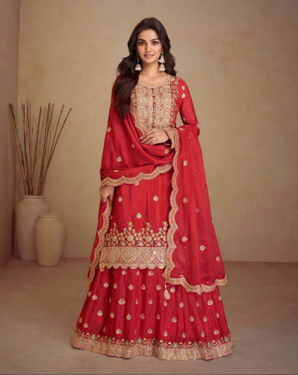 Red Elegant Chinon Embroidered Suit Set with Dupatta – Fully Stitched