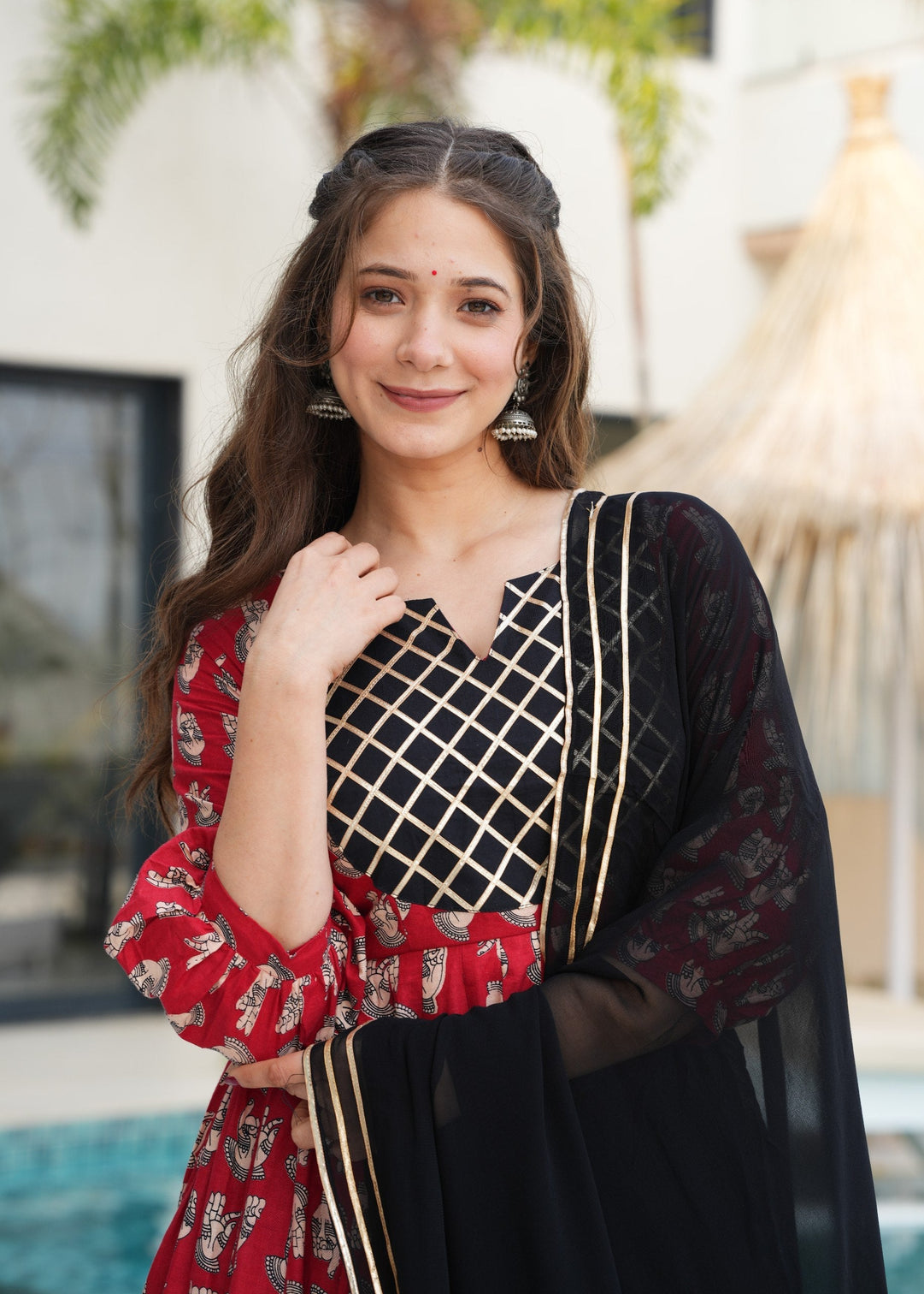 Red Elegant Cotton Top Set with Lace Work, Crape Bottom & Faux Georgette Dupatta