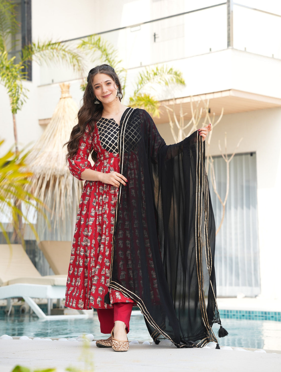 Red Elegant Cotton Top Set with Lace Work, Crape Bottom & Faux Georgette Dupatta