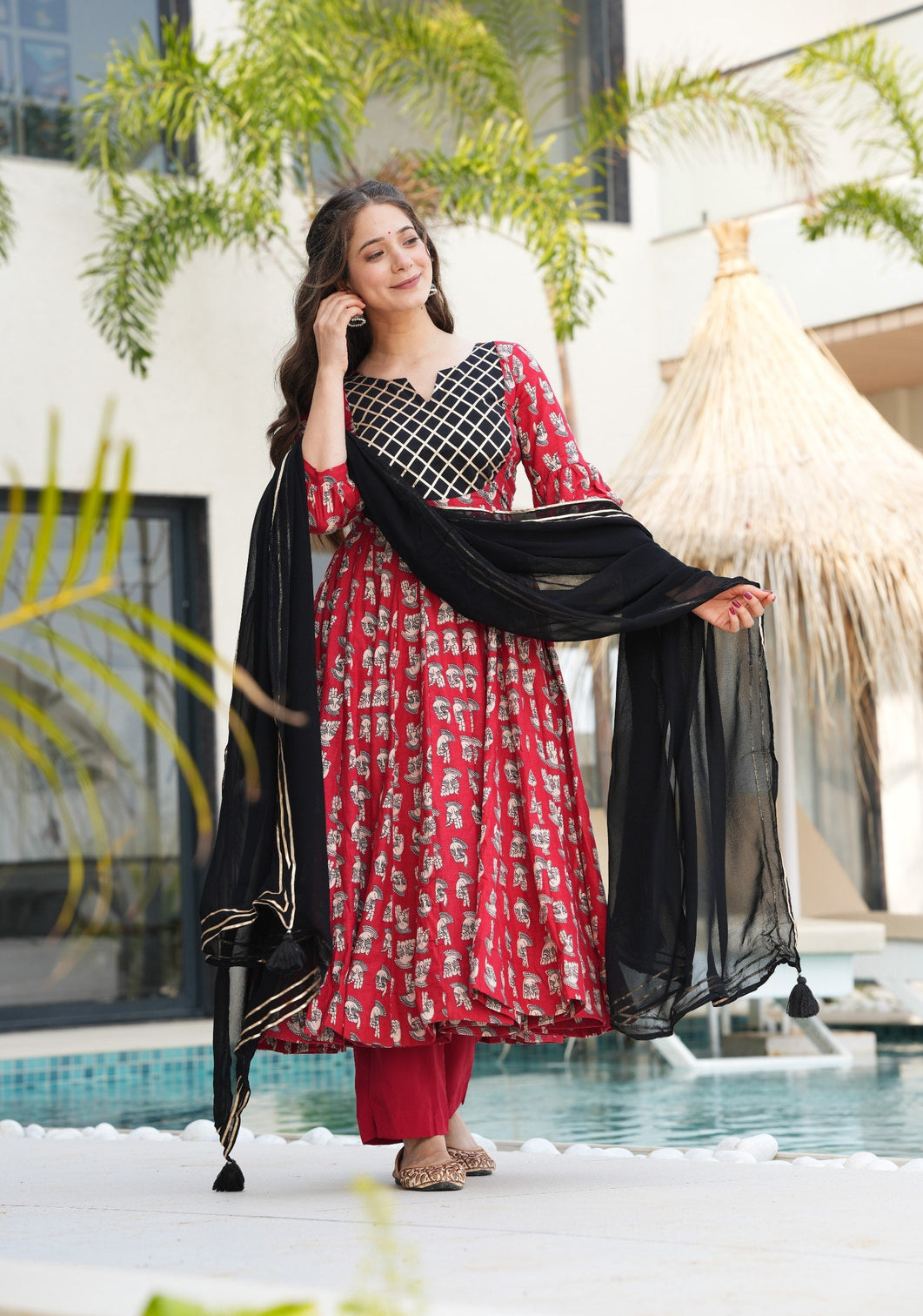 Red Elegant Cotton Top Set with Lace Work, Crape Bottom & Faux Georgette Dupatta