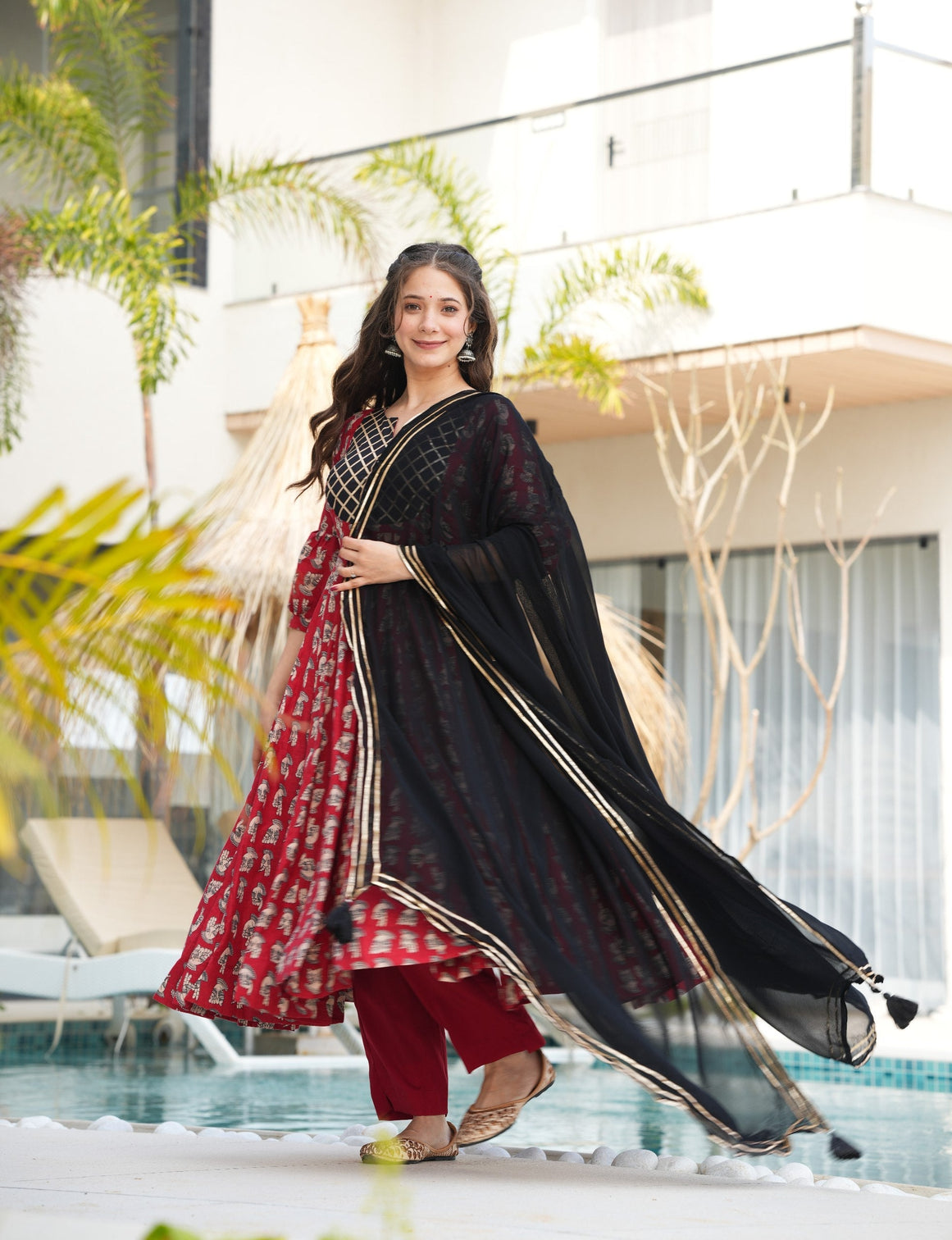Red Elegant Cotton Top Set with Lace Work, Crape Bottom & Faux Georgette Dupatta