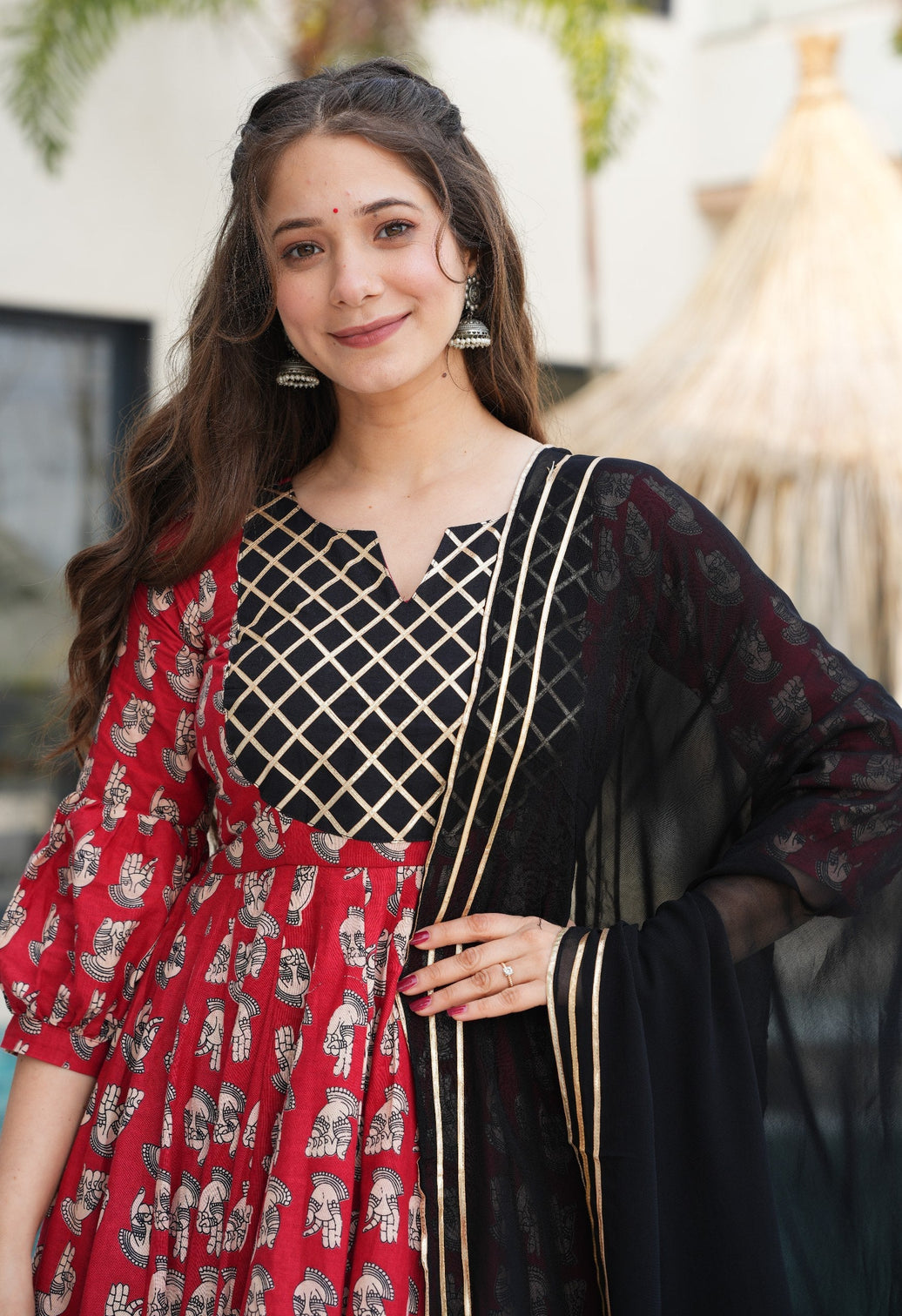 Red Elegant Cotton Top Set with Lace Work, Crape Bottom & Faux Georgette Dupatta