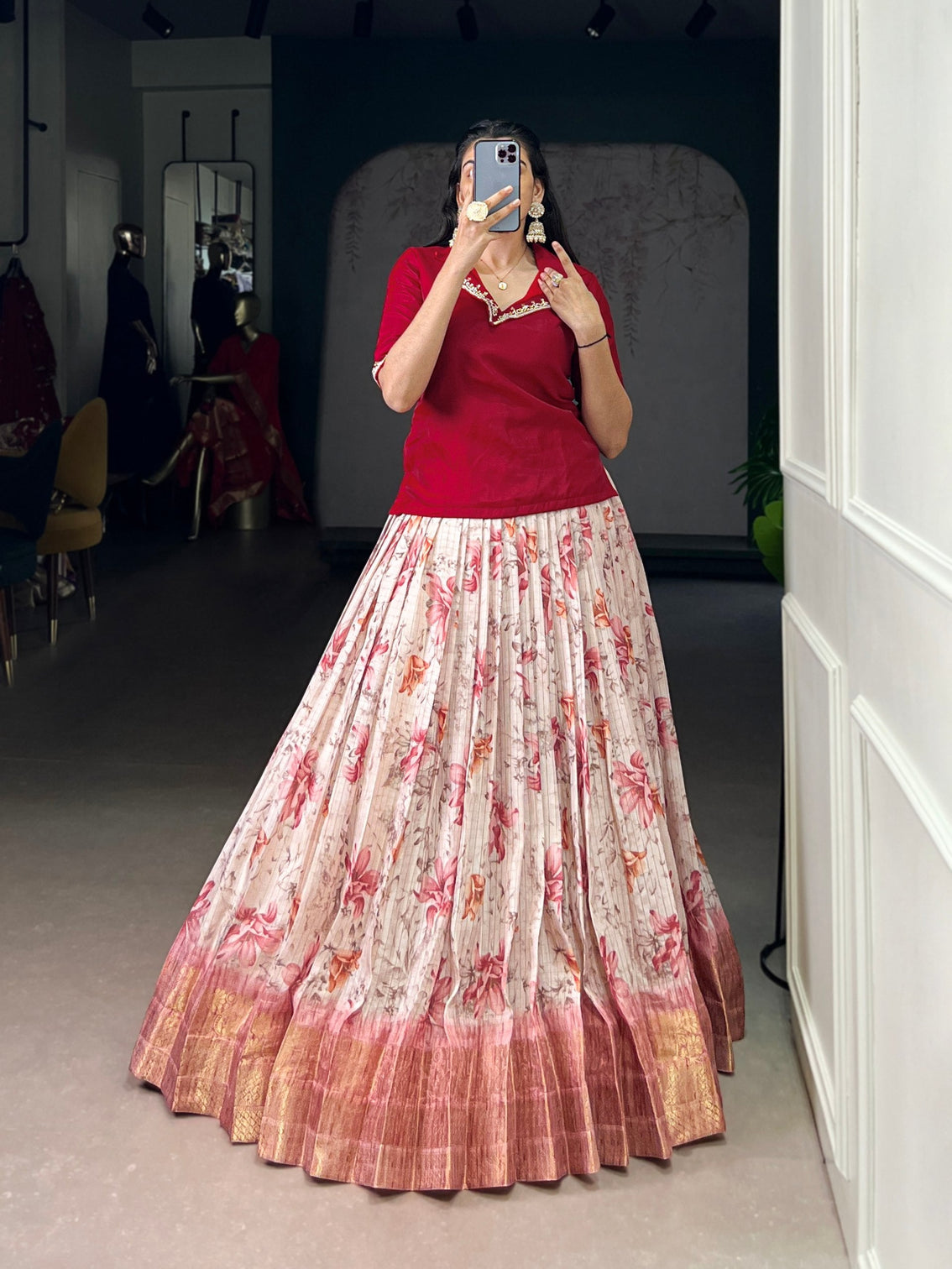 Red Elegant Dola Chex Floral Printed Lehenga with Zari Weaving and Sequined Banglory Blouse – Stitched Set