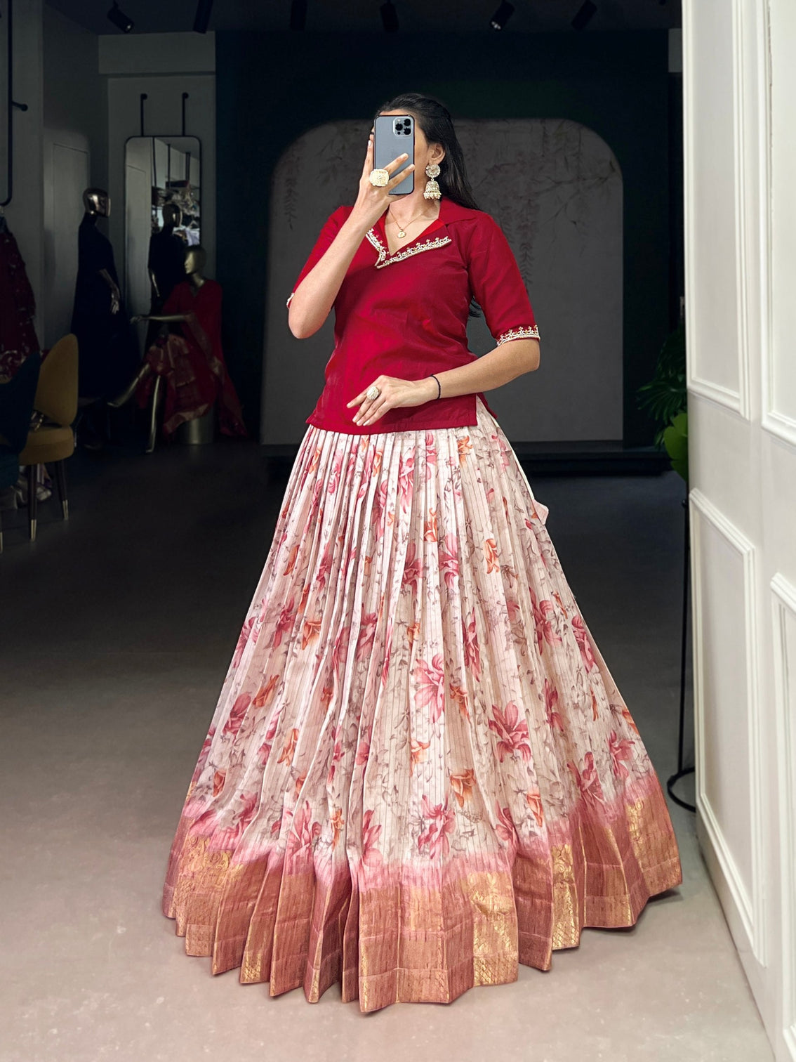 Red Elegant Dola Chex Floral Printed Lehenga with Zari Weaving and Sequined Banglory Blouse – Stitched Set
