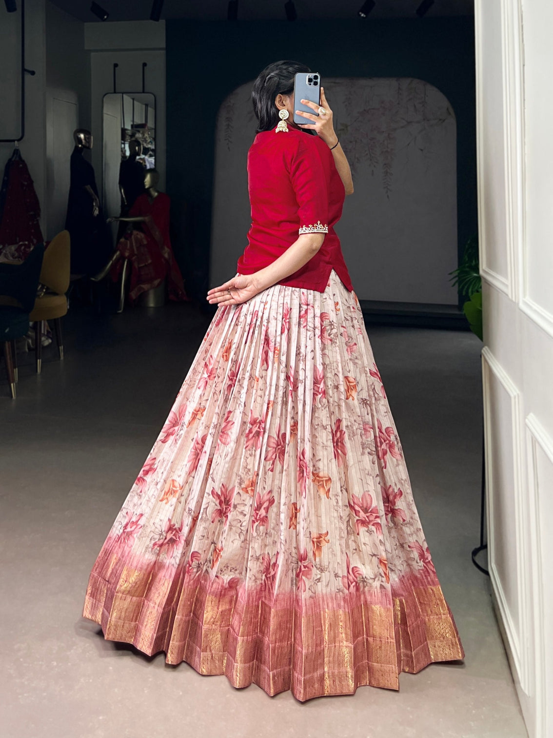 Red Elegant Dola Chex Floral Printed Lehenga with Zari Weaving and Sequined Banglory Blouse – Stitched Set