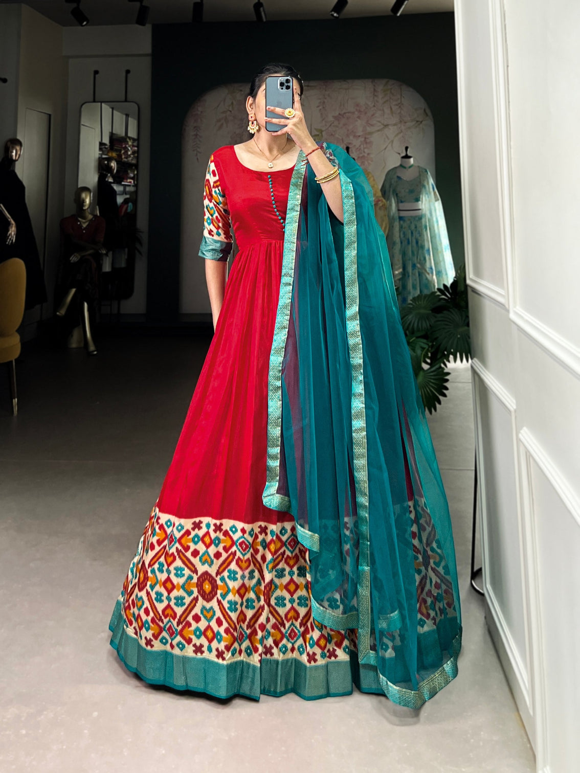 Red Elegant Dola Silk Flare Gown with Foil Print & Lace Border Dupatta