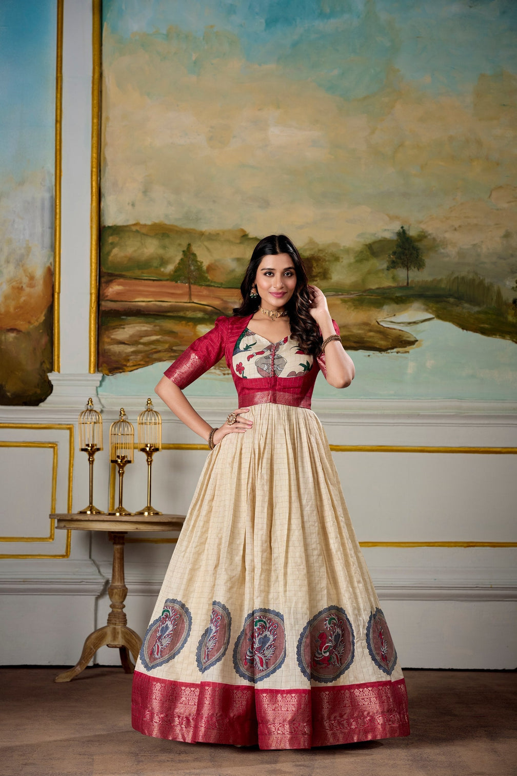 Red Elegant Dola Silk Kalamkari Print Gown with Zari Weaving Koti