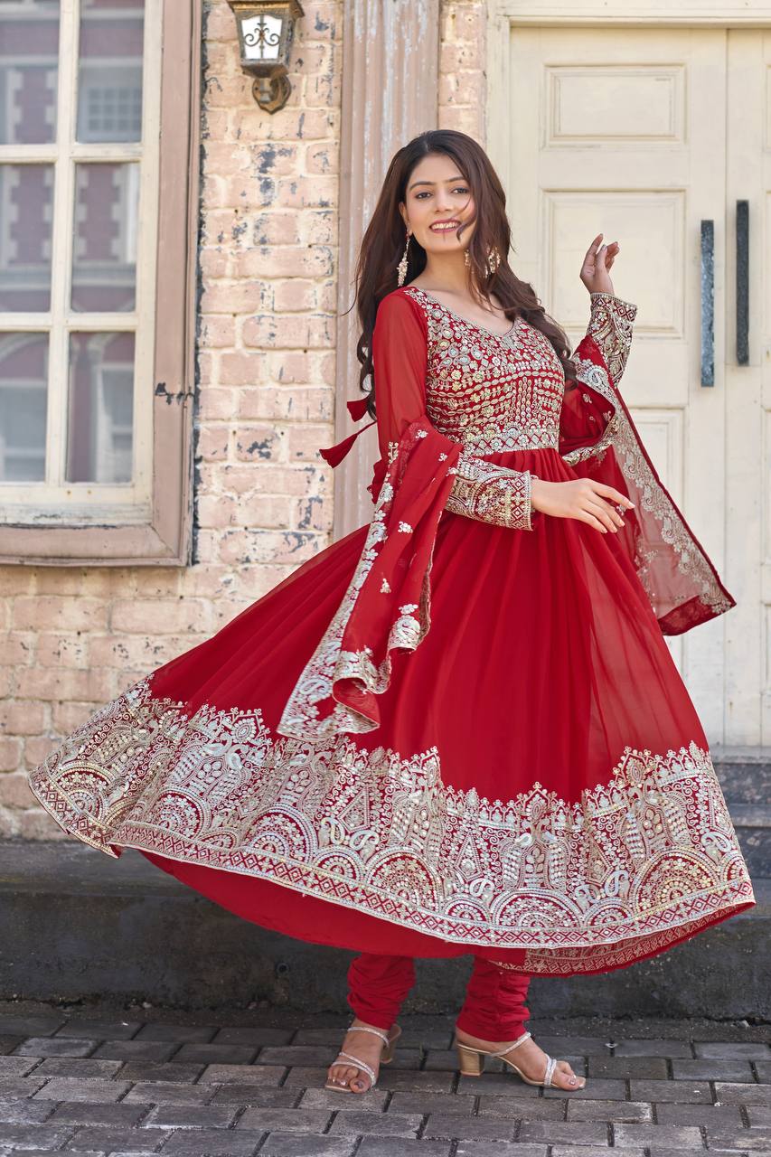 Red Elegant Embroidered Faux Georgette Gown Set with Dupatta & Chudidar – Fully Stitched Ensemble with 5mm Sequins Work & Tassel Sleeves