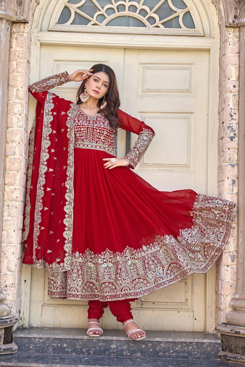 Red Elegant Embroidered Faux Georgette Gown Set with Dupatta & Chudidar – Fully Stitched Ensemble with 5mm Sequins Work & Tassel Sleeves