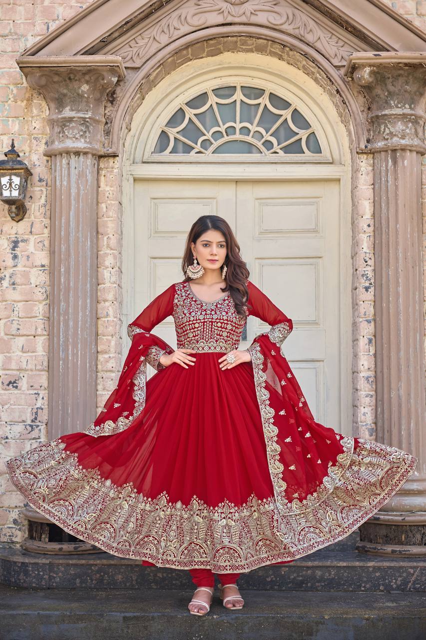 Red Elegant Embroidered Faux Georgette Gown Set with Dupatta & Chudidar – Fully Stitched Ensemble with 5mm Sequins Work & Tassel Sleeves