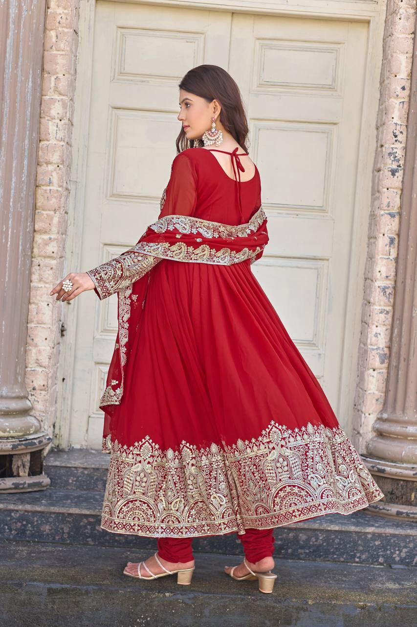 Red Elegant Embroidered Faux Georgette Gown Set with Dupatta & Chudidar – Fully Stitched Ensemble with 5mm Sequins Work & Tassel Sleeves
