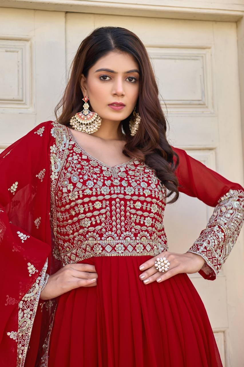 Red Elegant Embroidered Faux Georgette Gown Set with Dupatta & Chudidar – Fully Stitched Ensemble with 5mm Sequins Work & Tassel Sleeves
