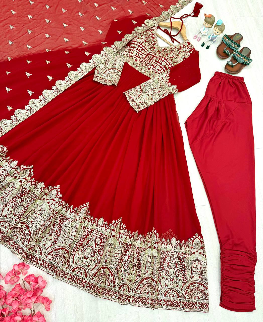 Red Elegant Embroidered Faux Georgette Gown Set with Dupatta & Chudidar – Fully Stitched Ensemble with 5mm Sequins Work & Tassel Sleeves