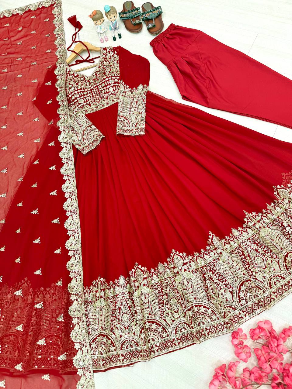Red Elegant Embroidered Faux Georgette Gown Set with Dupatta & Chudidar – Fully Stitched Ensemble with 5mm Sequins Work & Tassel Sleeves
