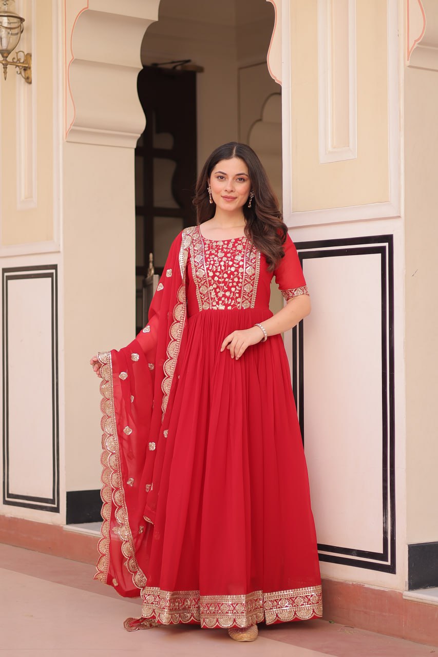 Red Elegant Faux Blooming Embroidered Gown Set with Designer Dupatta