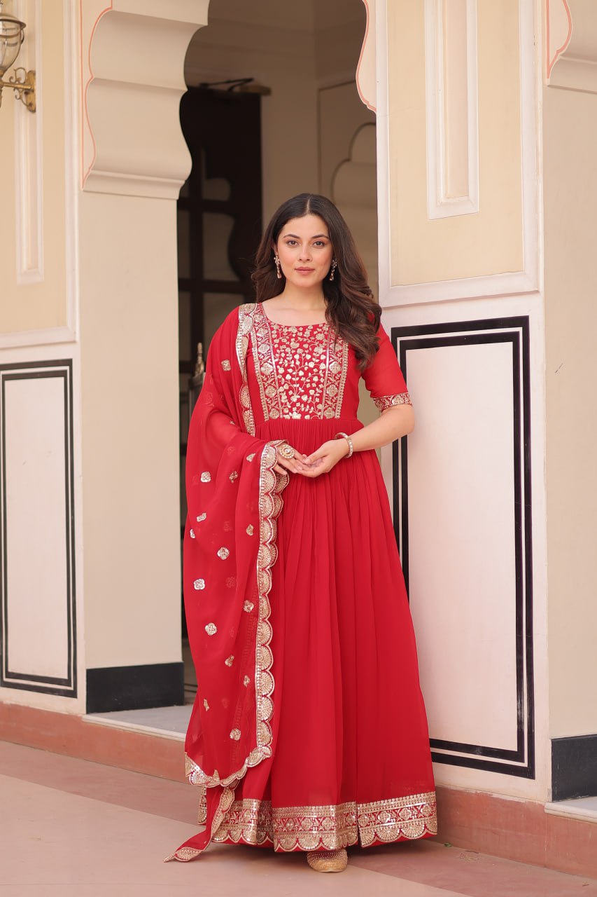 Red Elegant Faux Blooming Embroidered Gown Set with Designer Dupatta