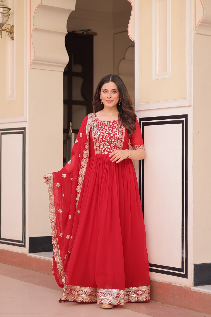 Red Elegant Faux Blooming Embroidered Gown Set with Designer Dupatta