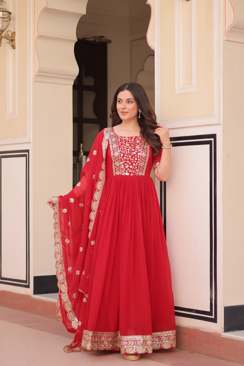 Red Elegant Faux Blooming Embroidered Gown Set with Designer Dupatta