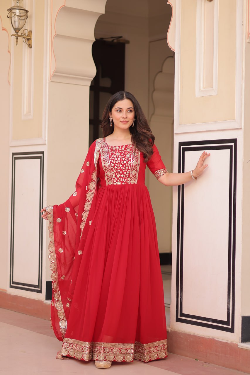 Red Elegant Faux Blooming Embroidered Gown Set with Designer Dupatta