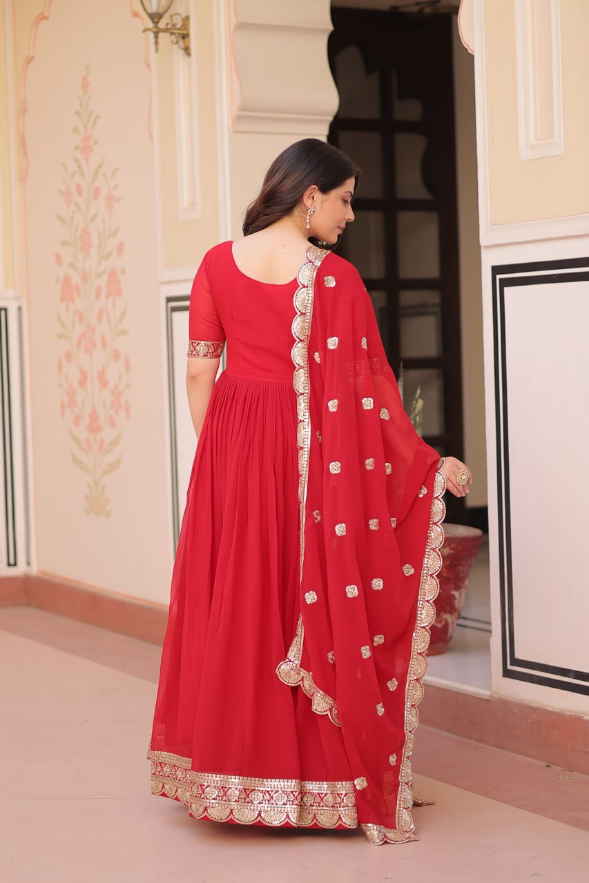 Red Elegant Faux Blooming Embroidered Gown Set with Designer Dupatta